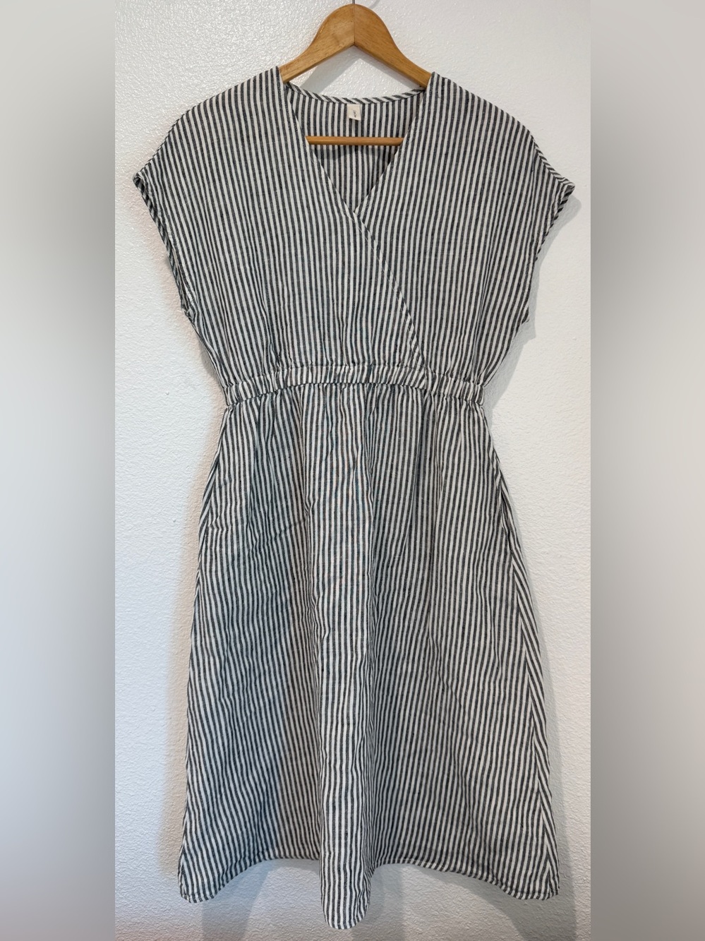 Grae Cove 100% Linen Crossover V Neck Striped Midi Dress Coastal Grandmacore S